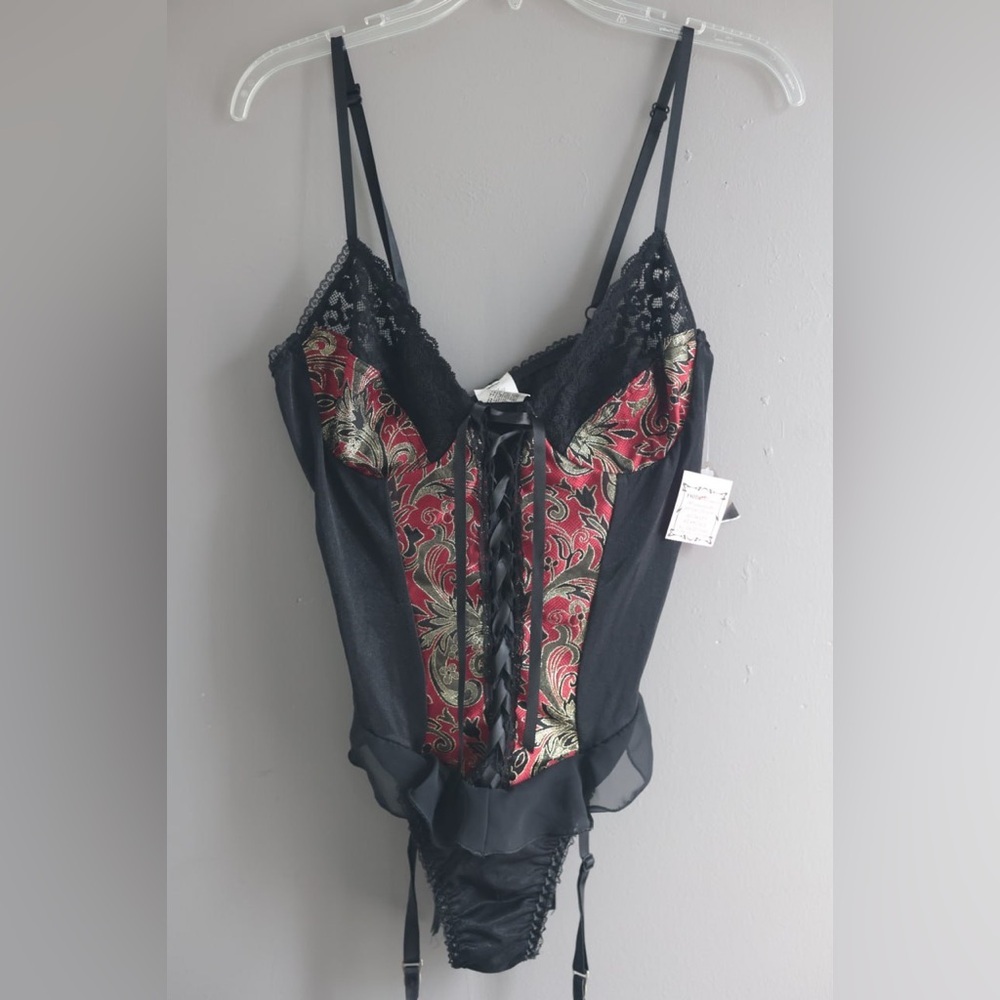 Vintage Escante Collection Black Red Gold Lace Lingerie Bodysuit L Exotic Gothic